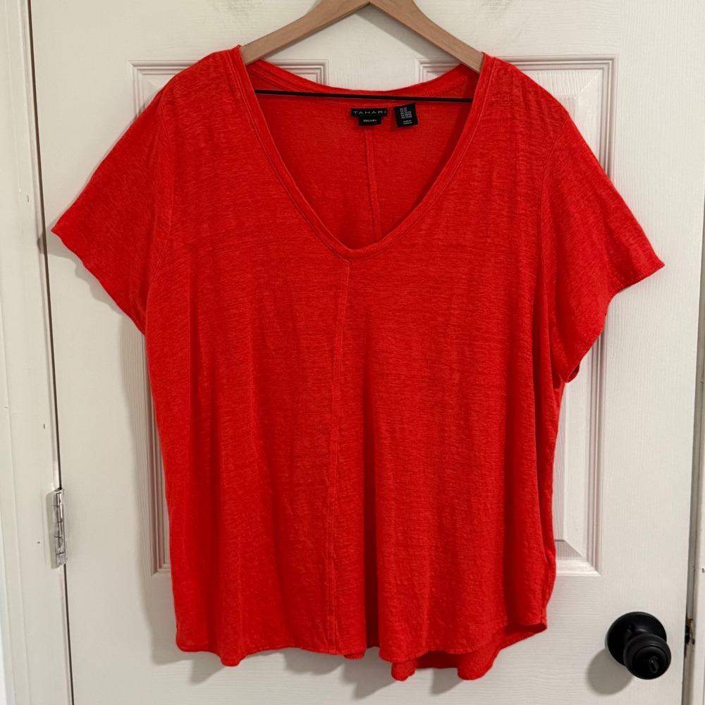 Tahari‎ 100% Linen Top Womens 2X Red Orange V Neck Lightweight Relaxed Coastal
